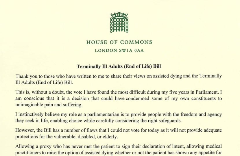 Terminally Ill Adults (End of Life) Bill letter 