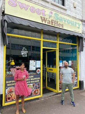 Claire Coutinho, MP for East Surrey, enjoys a milkshake at Caterham Sweet & Savoury Waffles