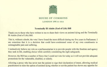 Terminally Ill Adults (End of Life) Bill letter 