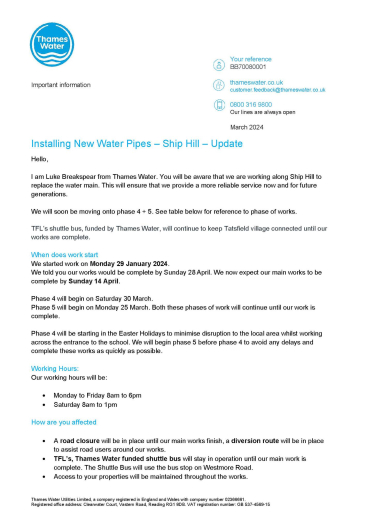 Letter from Thames Water - Page 1